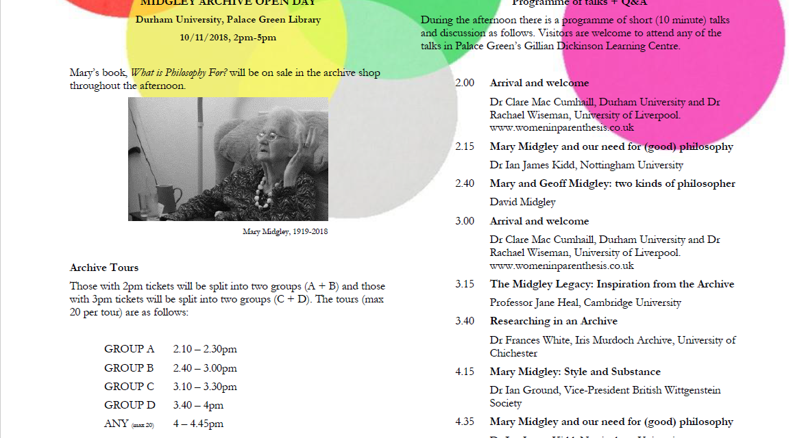 Durham University acquires archive of Mary Midgley – Join us for the launch this Saturday (10th November 2018)